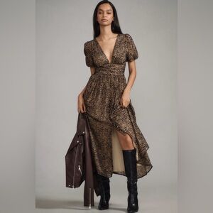 Anthropologie Katerina Button-Front Velvet Maxi Dress in Leopard size 2P